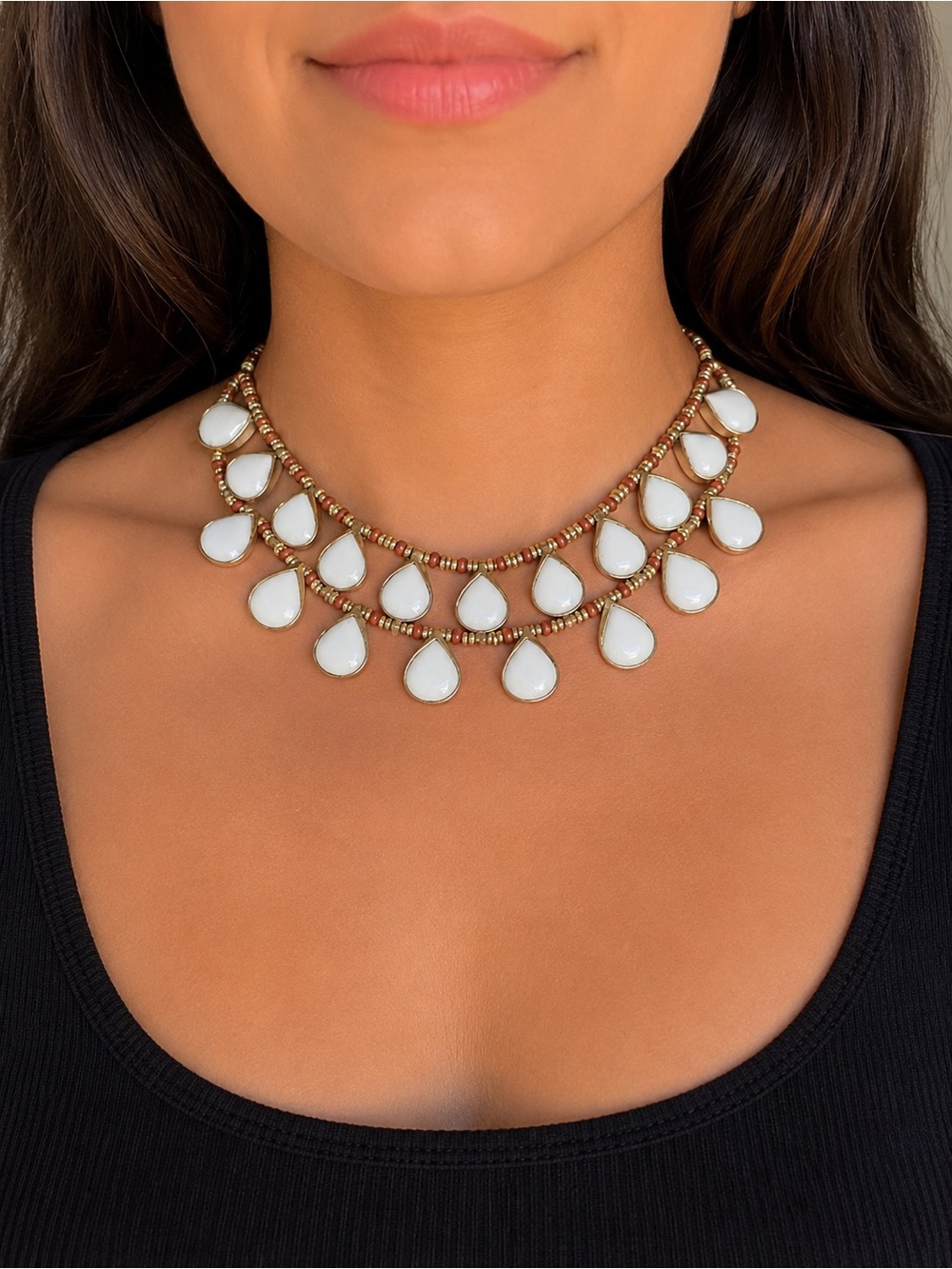 Ethnic Indian Wear White Teardrop Double Row Necklace with Gold Accents